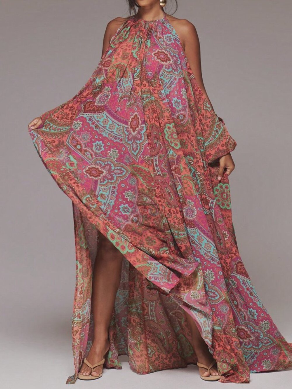 Orange Boho Women's Paisley Pleated High Neck Long Sleeve Maxi Dress
